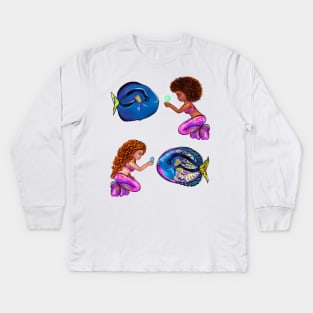 Best fishing gifts for fish lovers 2022. anime mermaid with blue tang fish and bubbles. Pretty black  and white girls with Afro hair, green eyes, Cherry pink lips and dark brown skin. Hair love ! Kids Long Sleeve T-Shirt